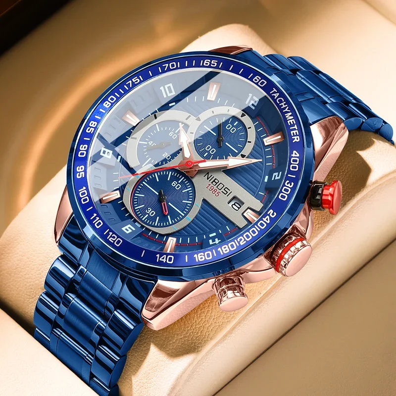 

NIBOSI Fashion Mens Watches Stainless Steel Top Brand Luxury Sport Chronograph Quartz Blue Big Watch For Men Relogio Masculino