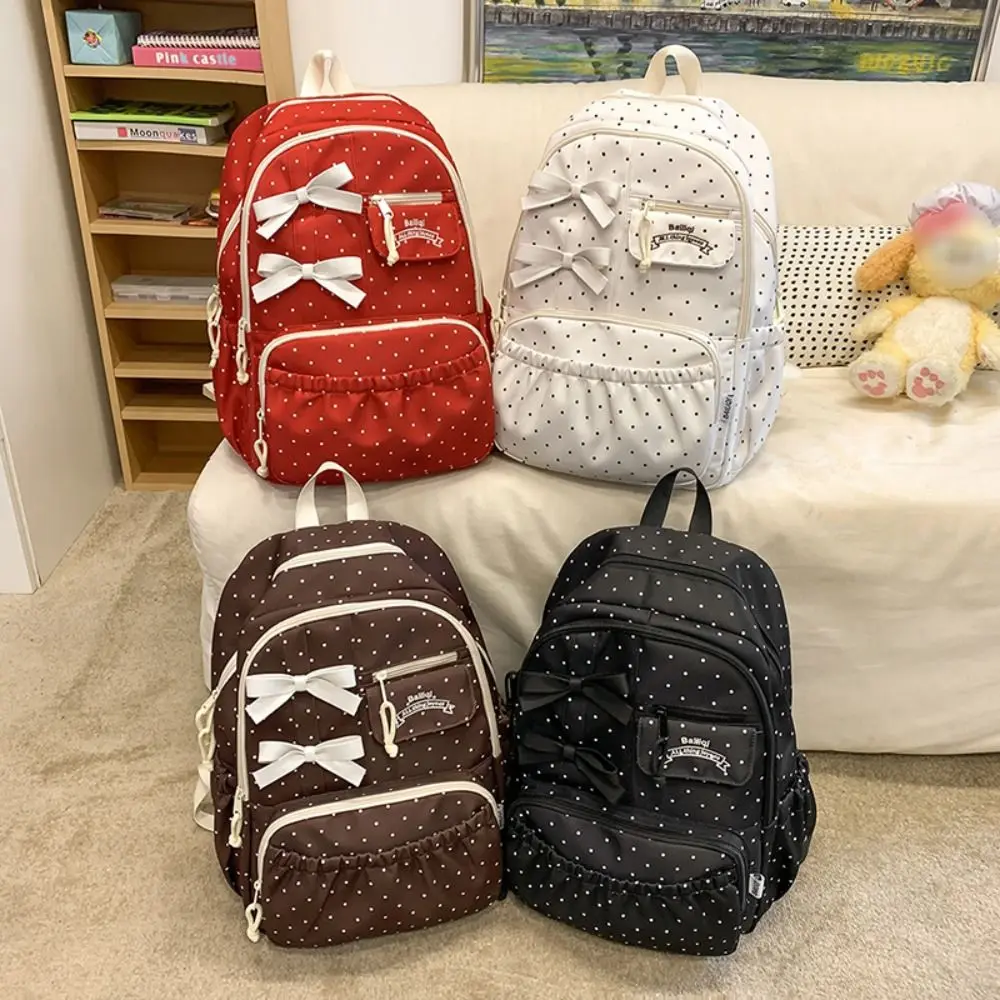 New Polka dot Bow Girls Backpack Nylon Anti-theft Student Schoolbag Multi-compartment Large-capacity Travel Computer Backpack