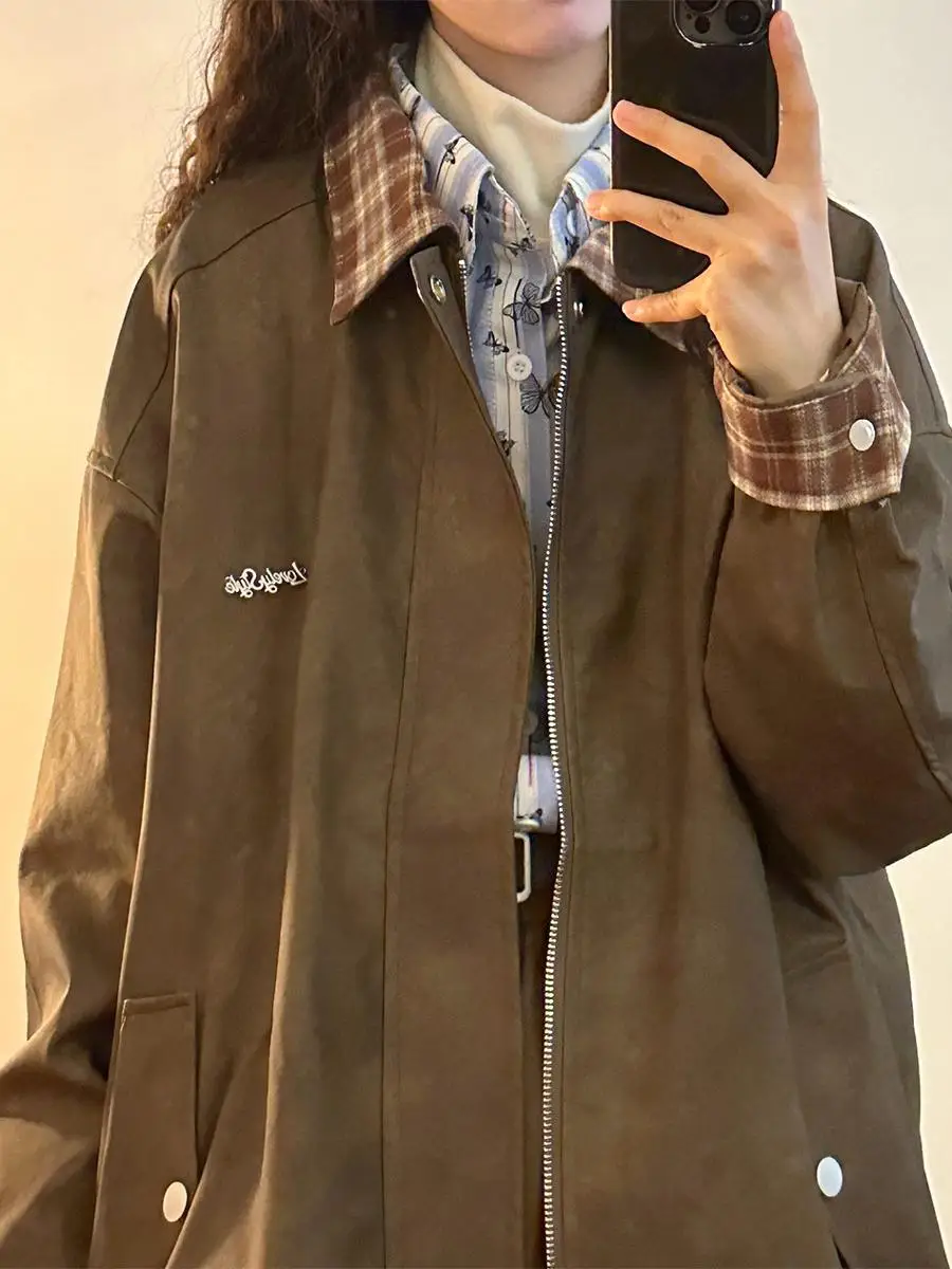 

Retro American Style Plaid Leather Jacket 2024 Unisex Oversized Vintage Streetwear Coat Brown Grunge Punk Fall Winter Fashion
