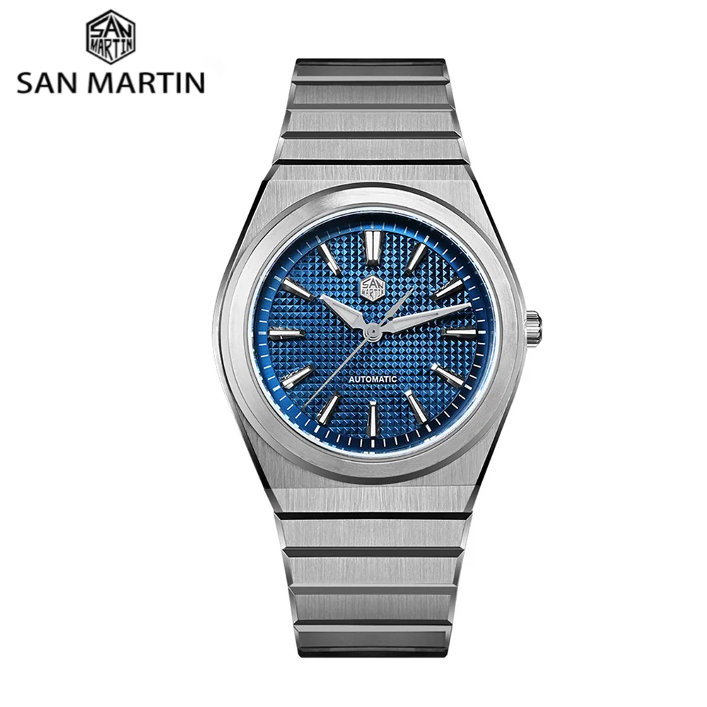 

San Martin New 39mm Miyota 90S5 Men Wristwatch 3D Waffle Dial Integrated Bracelet Transparent Caseback 10Bar Luminous SN0152