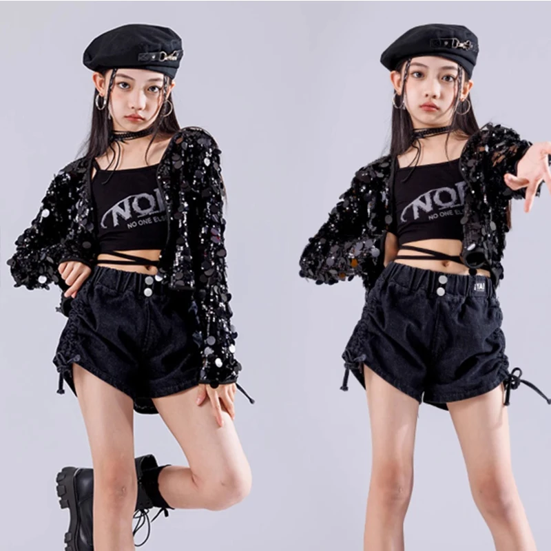 Black Jazz Dance Costume Girls Fanshion Sequin Short Coat Stage Performance Clothes Hip Hop Street Dance Outfits Kpop BL14081