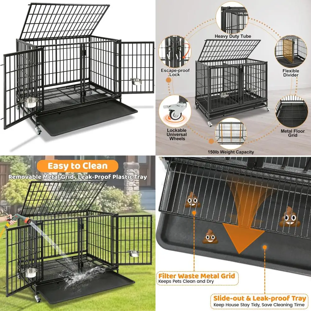 

Stackable 43 Inch Homey Pet Dog Crate with Divider, Double Steel Bowls, Four Lockable Wheels, Tray, and Heavy Duty Construction