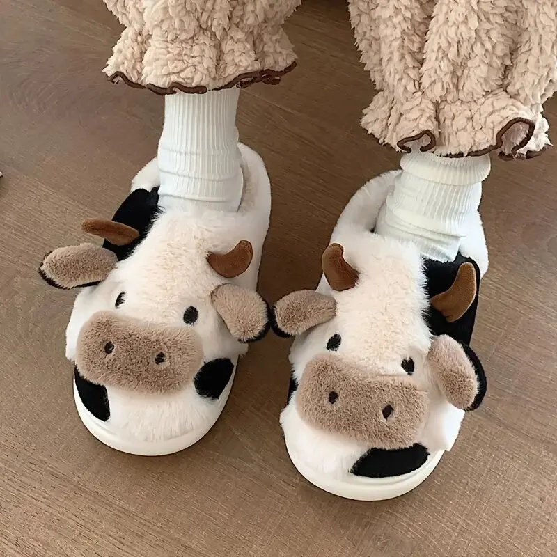 Women\'s Cartoon Cute Cow House Slippers Warm Plus Lined Closed Toe Fuzzy Home Slides Women\'s Fluffy Comfy Shoes Winter Autumn