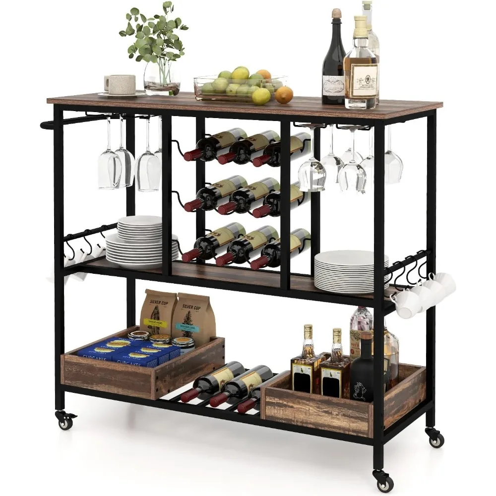 

3-х уровневая домашняя тележка для напитков со стеклянными стеллажами, держателями для вина, подносами для хранения и запираемыми колесами