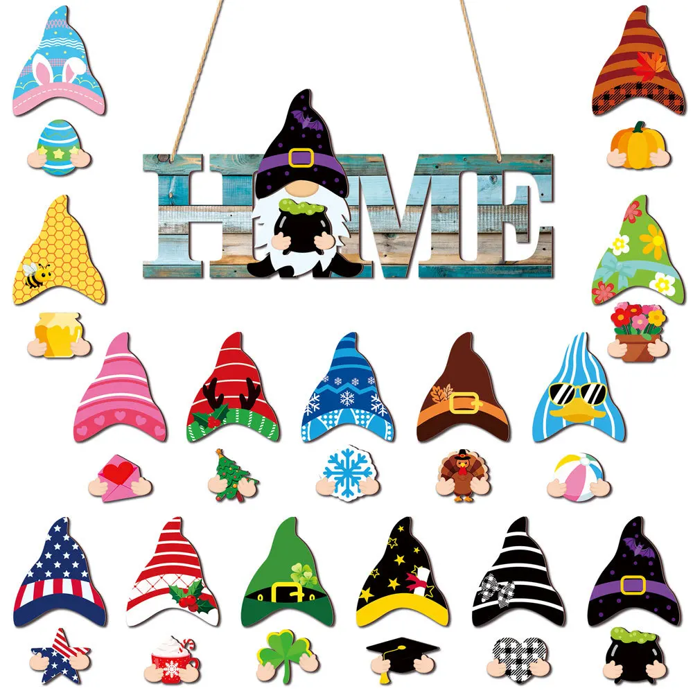 Interchangeable Wooden Gnome Decoration with 15 Detachable Hats and Hands for Flexible Seasonal Home Display and Decoration