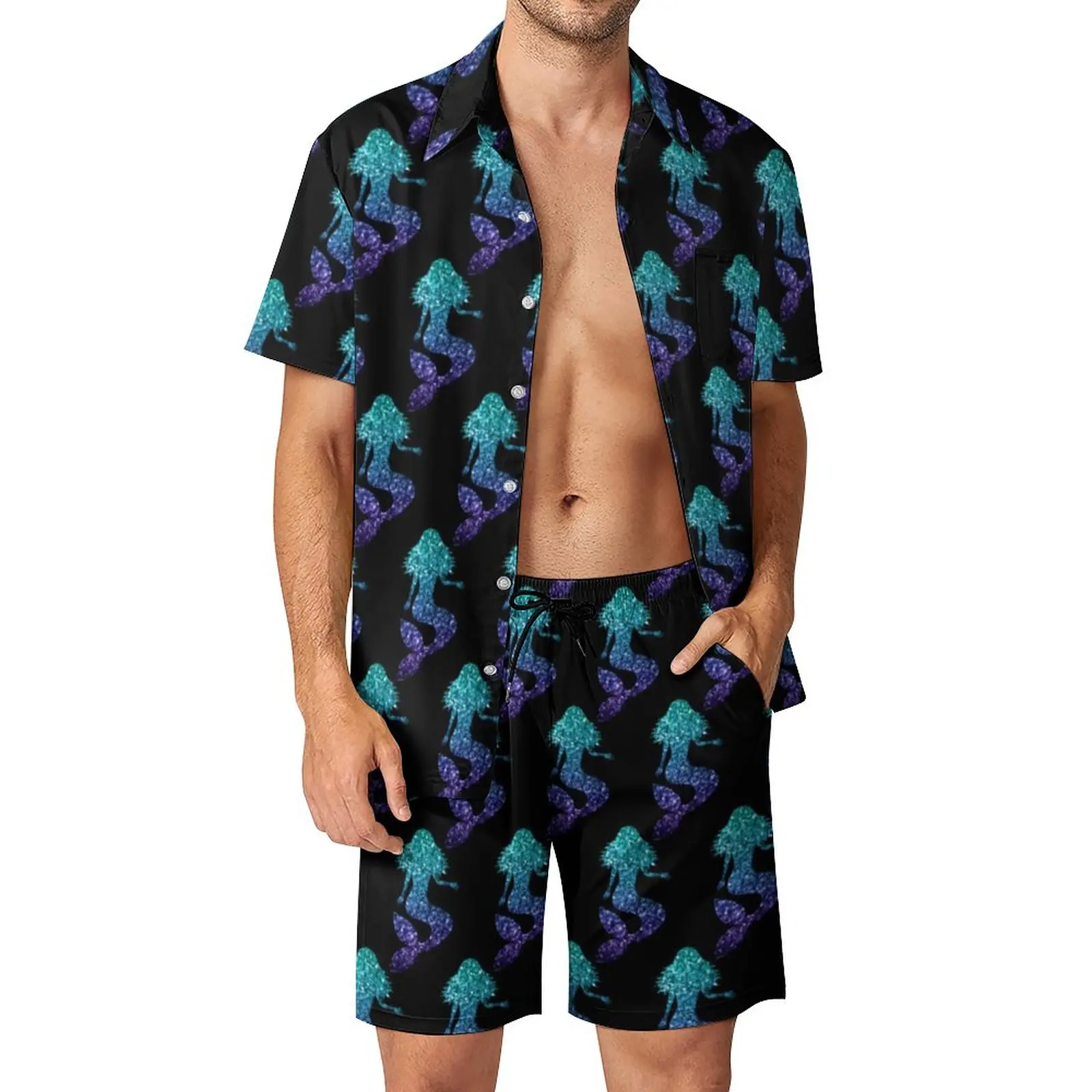 

Mermaid Men Sets Ombre Sparkles Print Trendy Casual Shirt Set Short-Sleeved Shorts Summer Outdoor Suit Plus Size