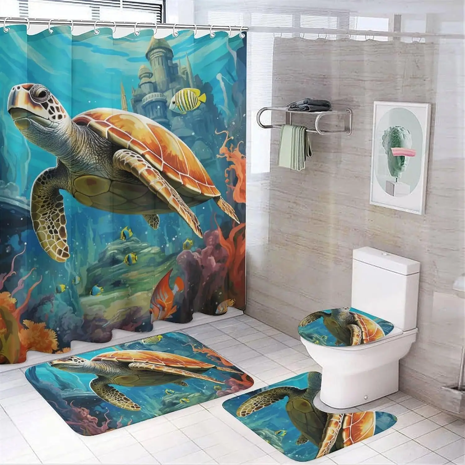 

Bathroom Sets Accessories,Dolphins Sea Turtle Coral Reef Print Bathroom Three Piece Set,Bathroom Sets Shower Curtain and Rugs
