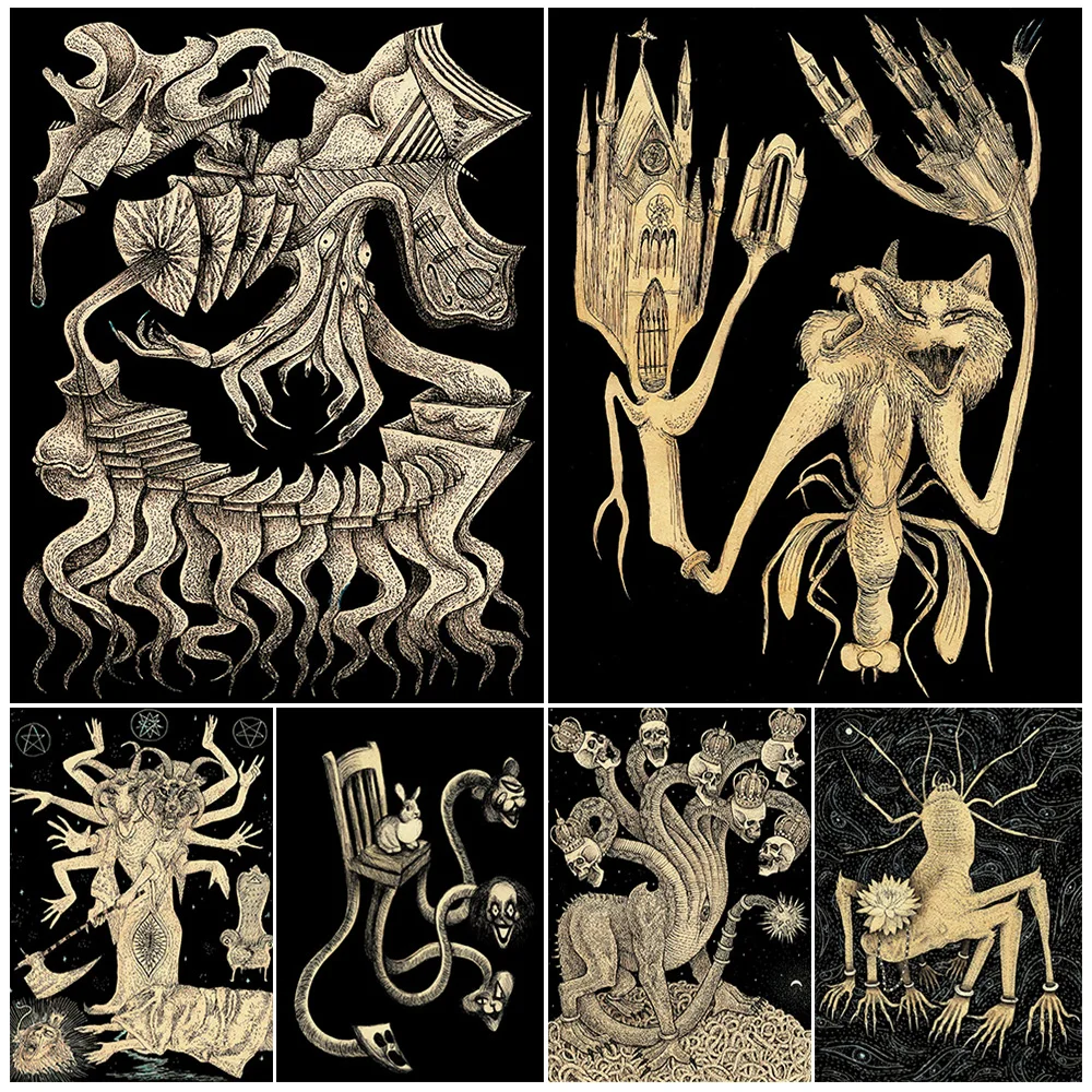 

Spiders From Heaven,Church And Cats,Behemoth Skeleton,Vintage Wall Art Canvas Print,Horror Pencil Drawing Artwork,Poster Deco