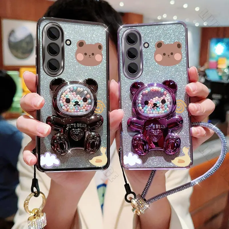 S 24 S 23 Diamond Strap Bear Patten Phone Holder Case For Samsung Galaxy S24 S22 S23 S21 S20 S8 S9 S10 Plus FE Ultra Stand Cover