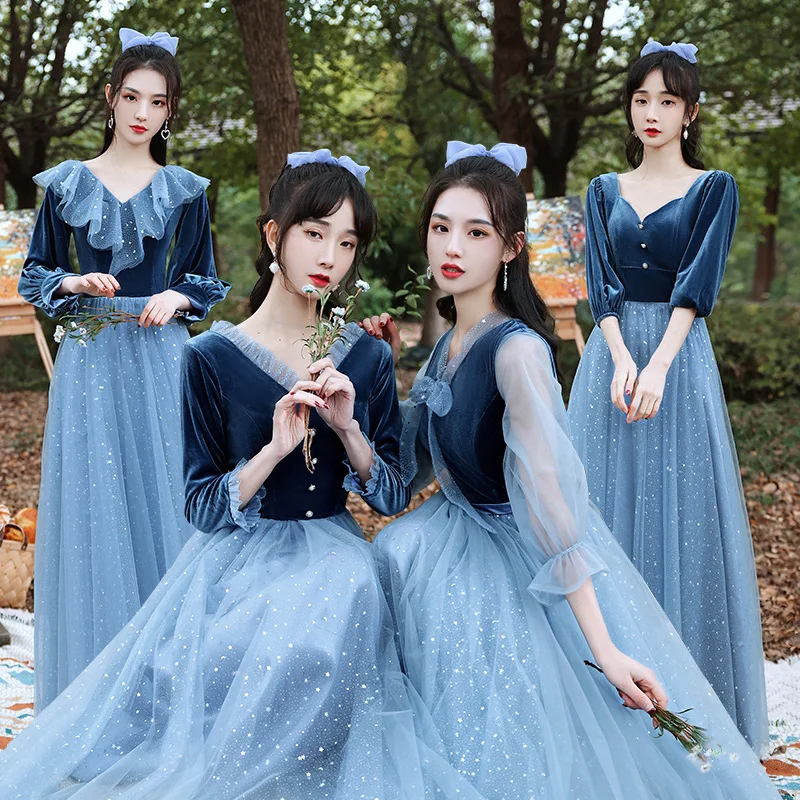 

Blue Pink Bridesmaid Dress Spring Autumn New Velvet Long Sleeve Sisters Group Dresses Dinner Party Girlfriend Evening Dress