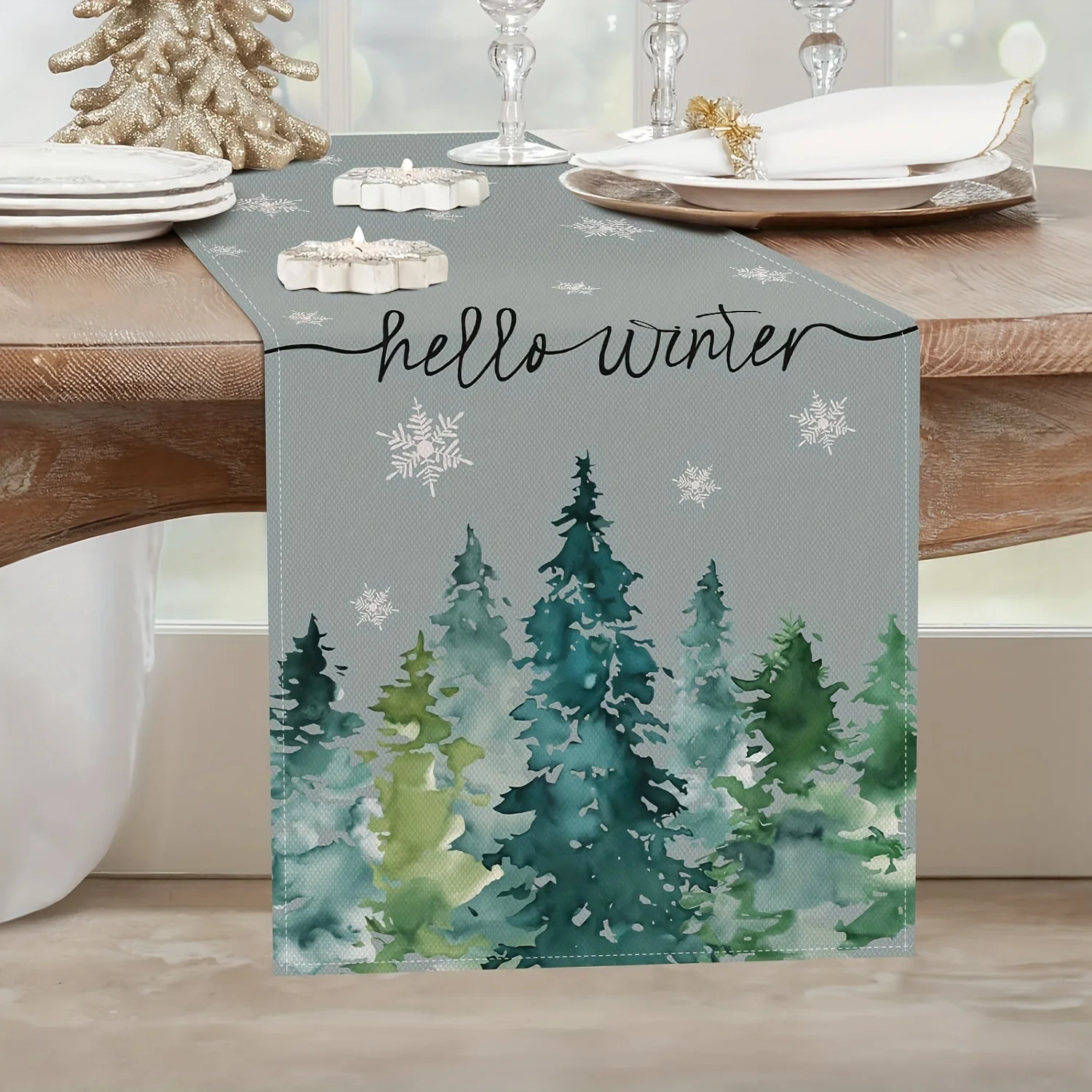 Hello Winter Table Runner Watercolor Pine Tree Snowflake Print for Dining Table Neutral Winter Home Decor