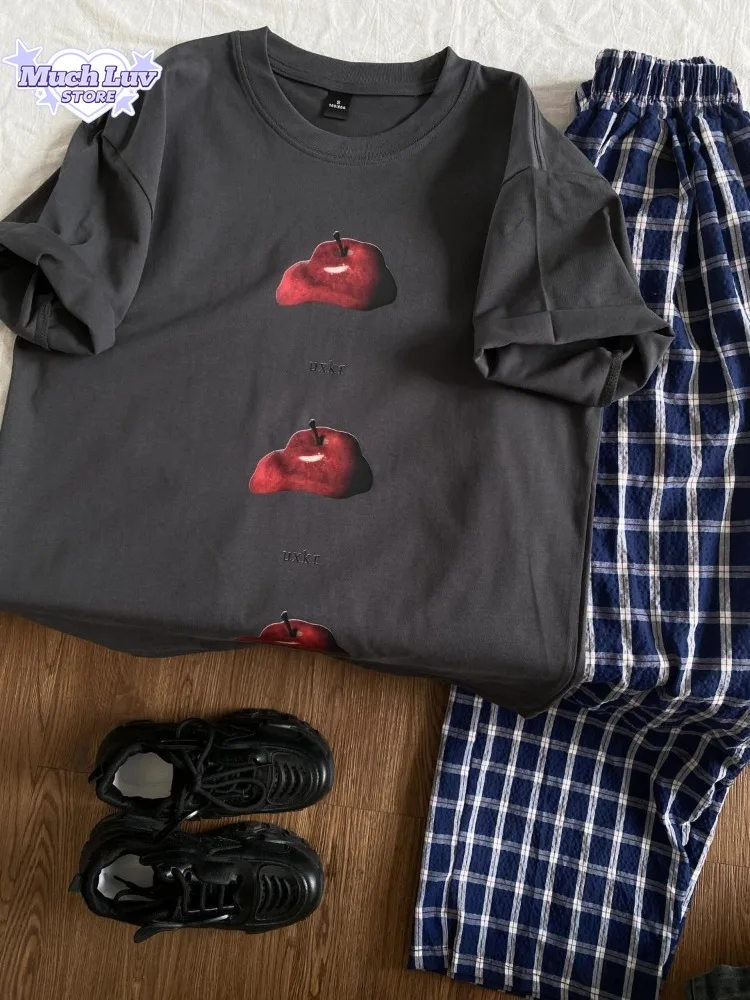 

100% Cotton T-shirt Melted Apple Printed T-shirt for Man and Women Clothing Summer Fashion Casual Commute Short Sleeve Top