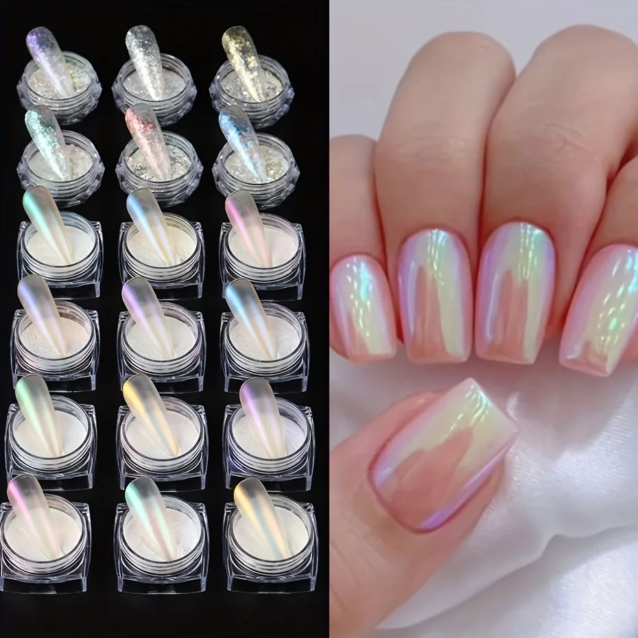 

18pcs Pearl Aurora Nail Powder Shiny Opal Purple Pink Blue Moonlight Chrome Glitter Pigment Dust UV Gel Polish Nail Art Dipping