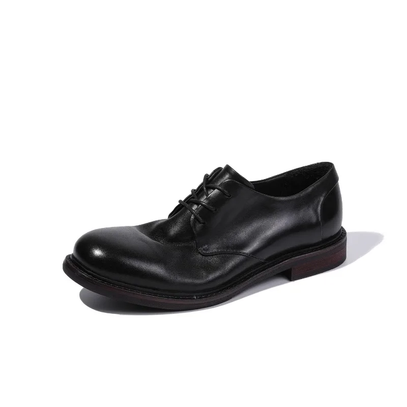 

British Retro Wedding Shoes Men's Round Toe Derby Low-Top Lace Up Handmade Genuine Leather Business Casual Dress Shoes Male
