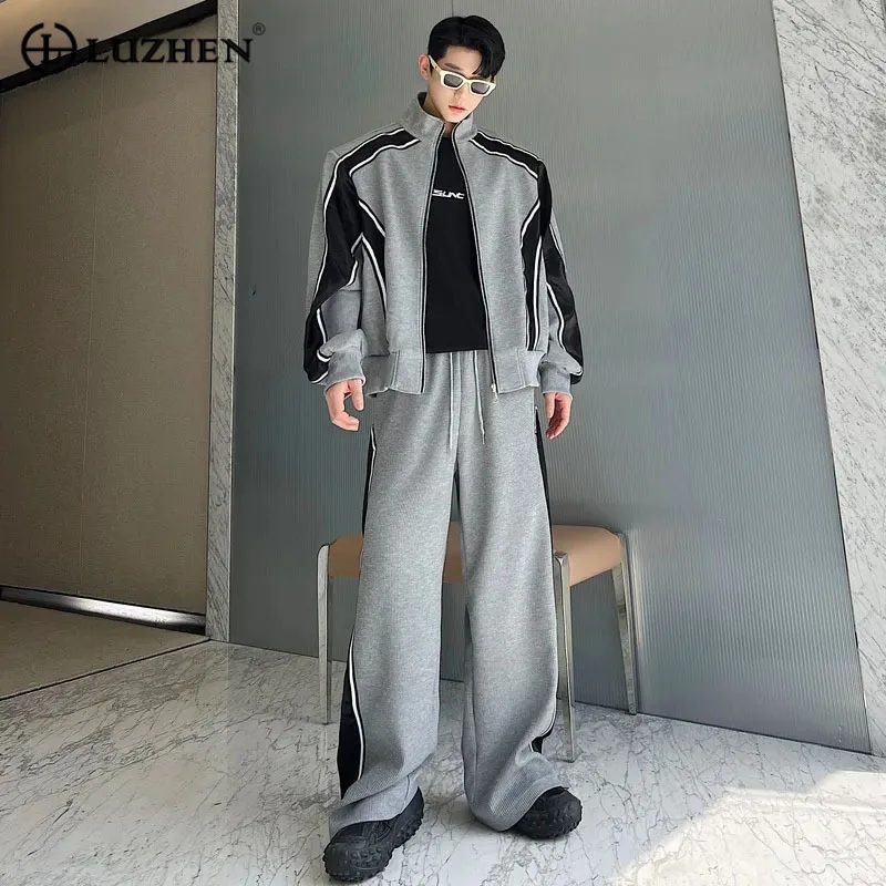 LUZHEN Color Contrast Design Sweatshirt Men\'s Casual Splicing Korean Straight Pants Two-piece Sets Street High Fashion 7d744d