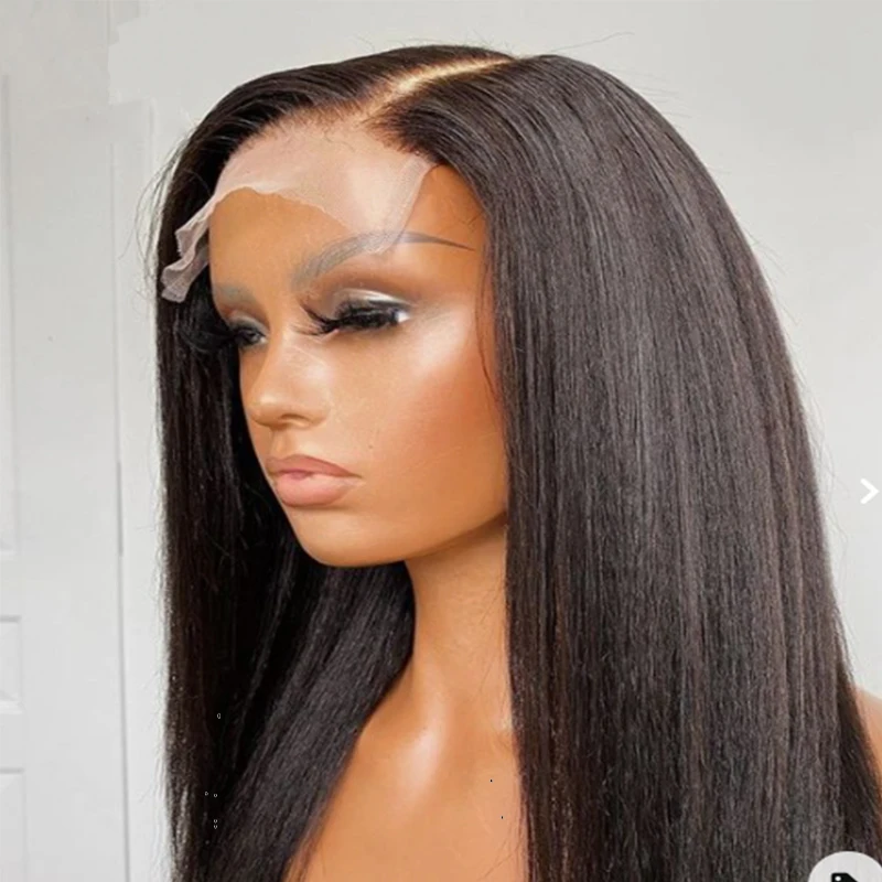 Soft Yaki 26Inch Long Kinky Straight Lace Front Wig For Women Synthetic Preplucked Glueless Daily Wear Wig