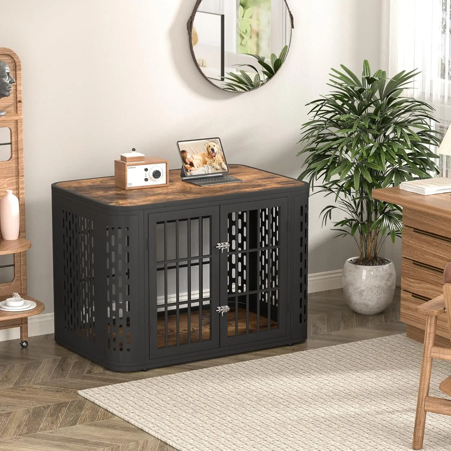 42 inch Heavy Duty Dog Crate Furniture, Rounded Corner Kennel for Medium and Large Dogs, Decorative Pet Cage End Table, Brown, W