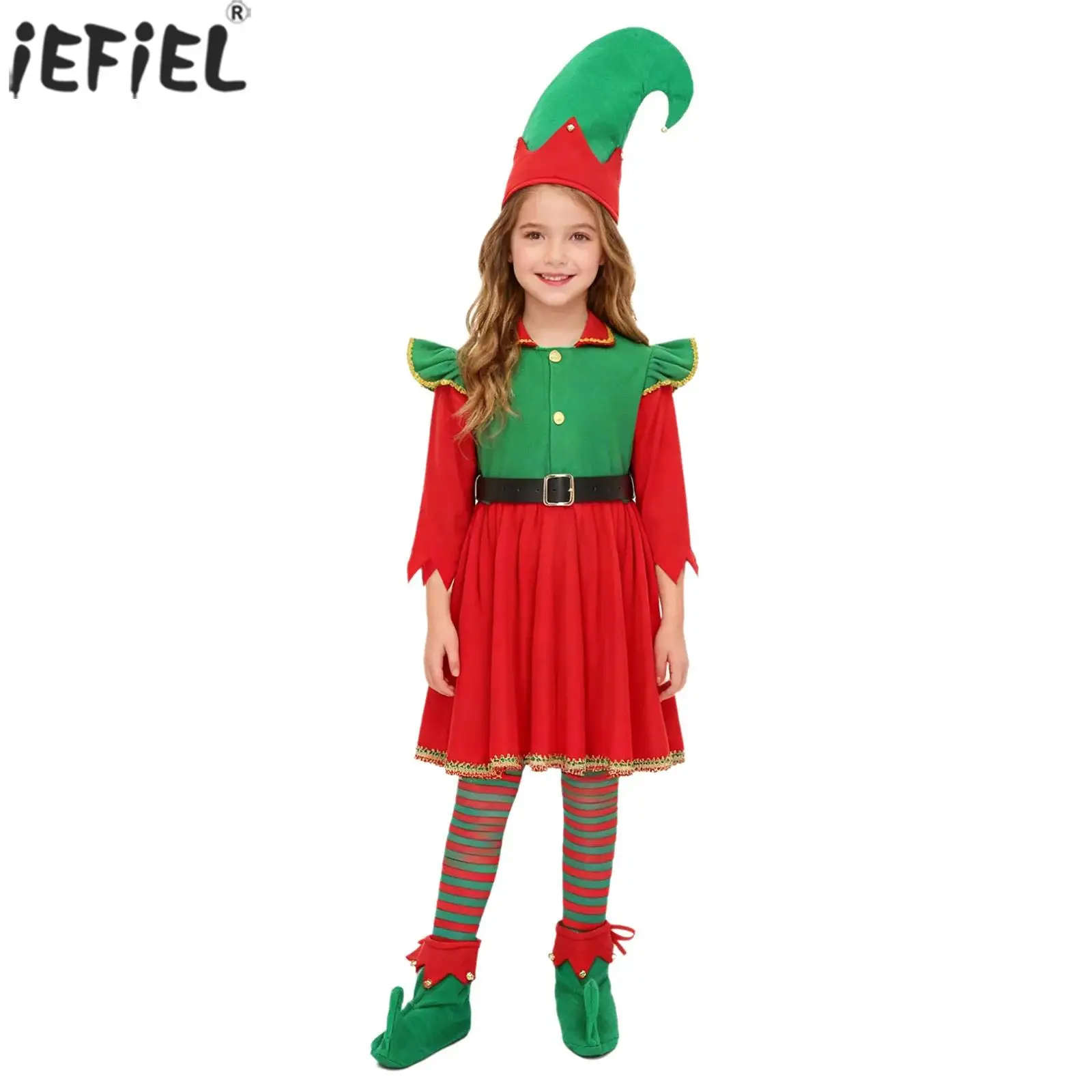 Girls Christmas Elf Costume Santa Claus Helper Dress with Belt Long Socks Xmas Hat Elf Shoes Kids Holiday New Year Party Outfit