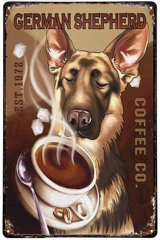 علامة قصدير معدنية على الطراز العتيق ، راعي ألماني ، قهوة ، علامات قصدير مضحكة ، زينة بار ، ملصق فني ، 8 × 12 بوصة