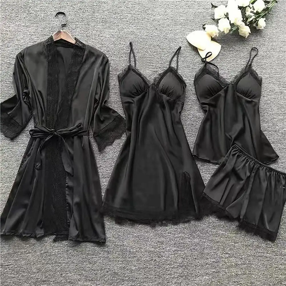 Set piyama sambungan renda, Set Tank Top piyama renda halus dengan tali Spaghetti atasan kardigan lipit mantel yang cocok