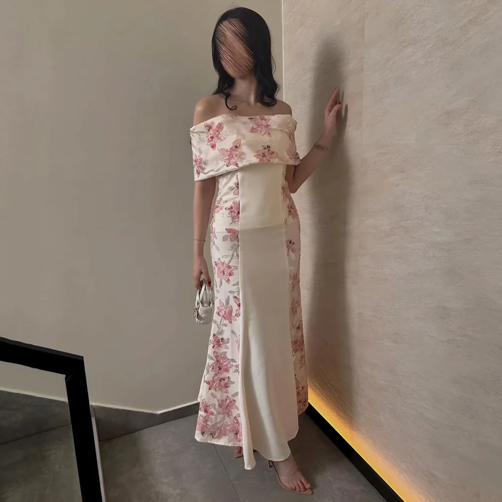 

Простое вечернее платье из джерси с открытыми плечами по индивидуальному заказу, вечернее платье без рукавов с аппликацией, вечернее платье русалки до щиколотки, платье для выпускного вечера