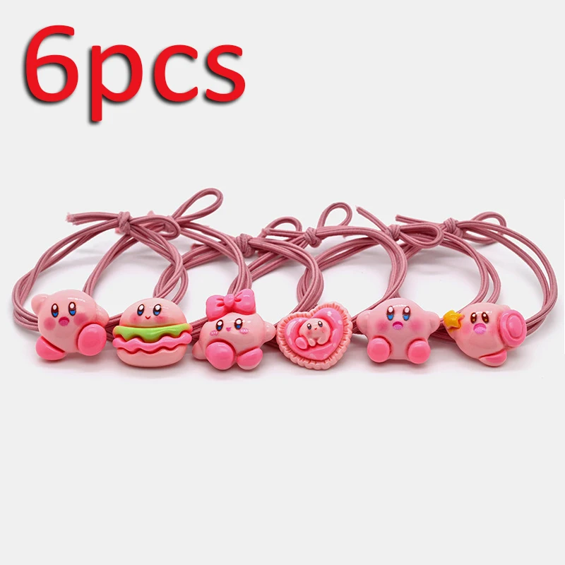 6pcs 커비 헤어 밧줄 소녀 헤어 타이 고탄성 포니 테일 홀더 만화 고무 밴드 헤어 밴드 여성 머리 장식 헤어 액세서리