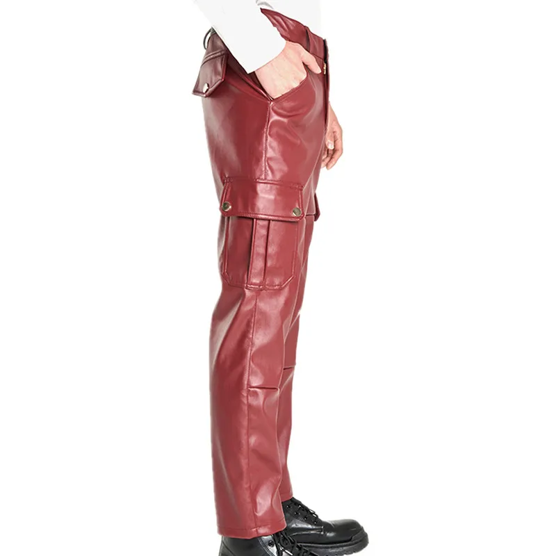 Multi-pocket Men\'s Casual PU Pants, Fashionable Biker Leather Pants, Windproof and Waterproof Dirt-resistant Trousers,Size S-5XL