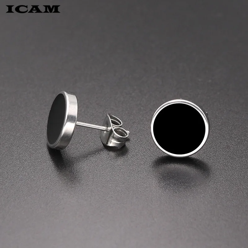 ICAM Fashion Bohemian Vintage Earrings Jewelry Cute Black Geometric Round Stainless Steel Stud Earring Best Gift for Women Girl