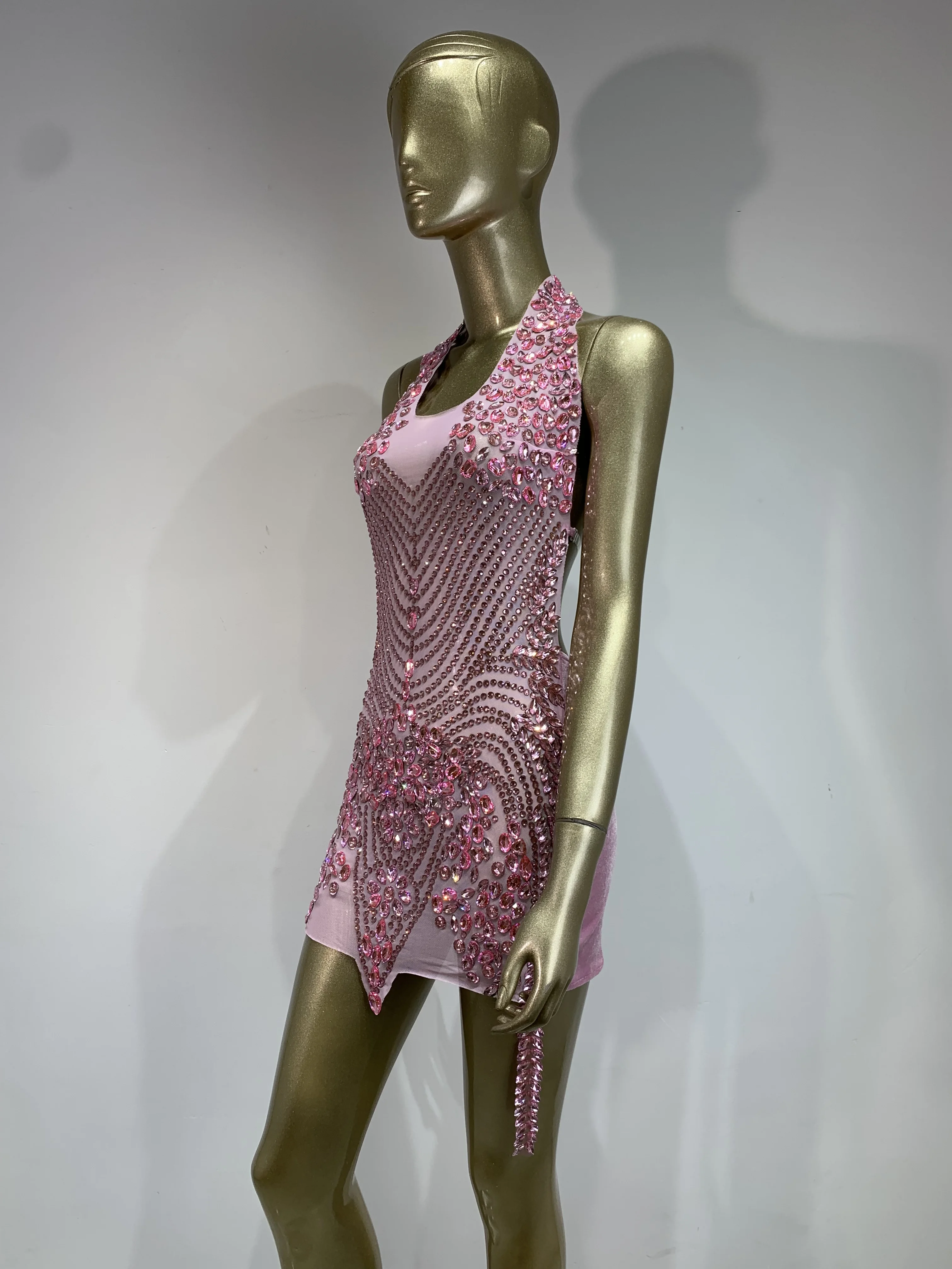 Women Sexy Backless Pink Rhinestone Mini Dress Evening Party Prom Celebrate Birthday Dresses Club Stage Performance Costume