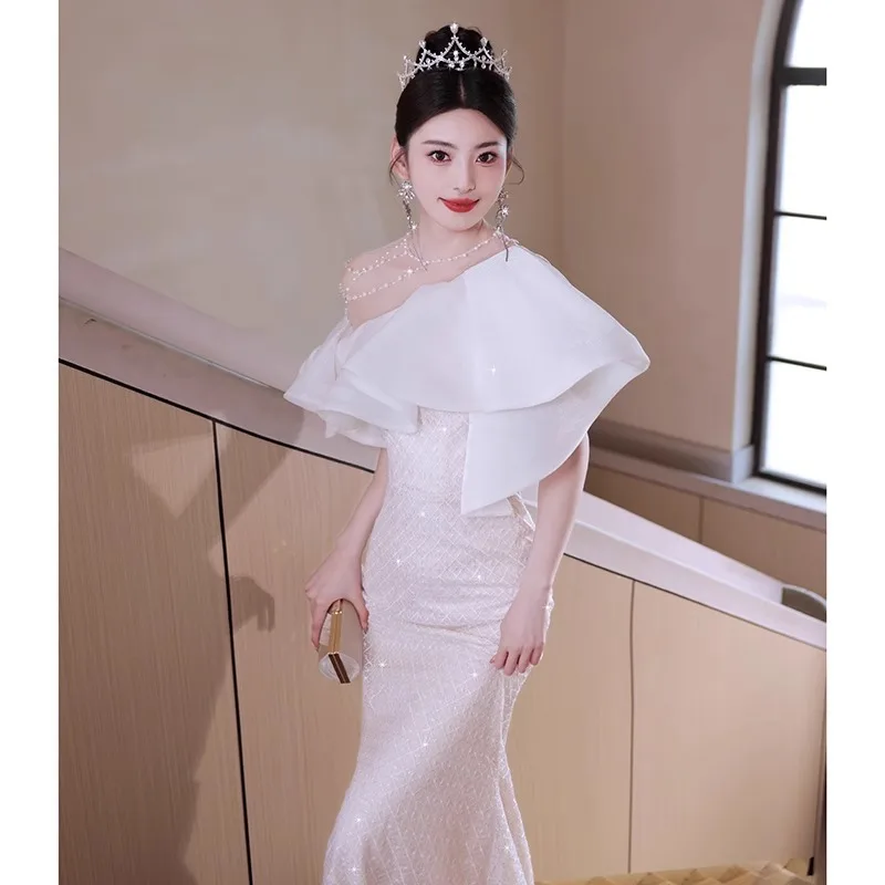 Abito da sera con colletto a foglia di loto, ospite di lusso leggero, temperamento pesante e dignitoso, abito a coda di pesce francese, abito formale personalizzato