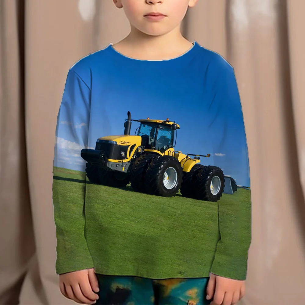 2024 Kids Clothes Cartoon Tractor Print Children's Clothing Boys Fashion Graphic T Shirts Autumn O-Neck Tshirt Clothes Child Boy