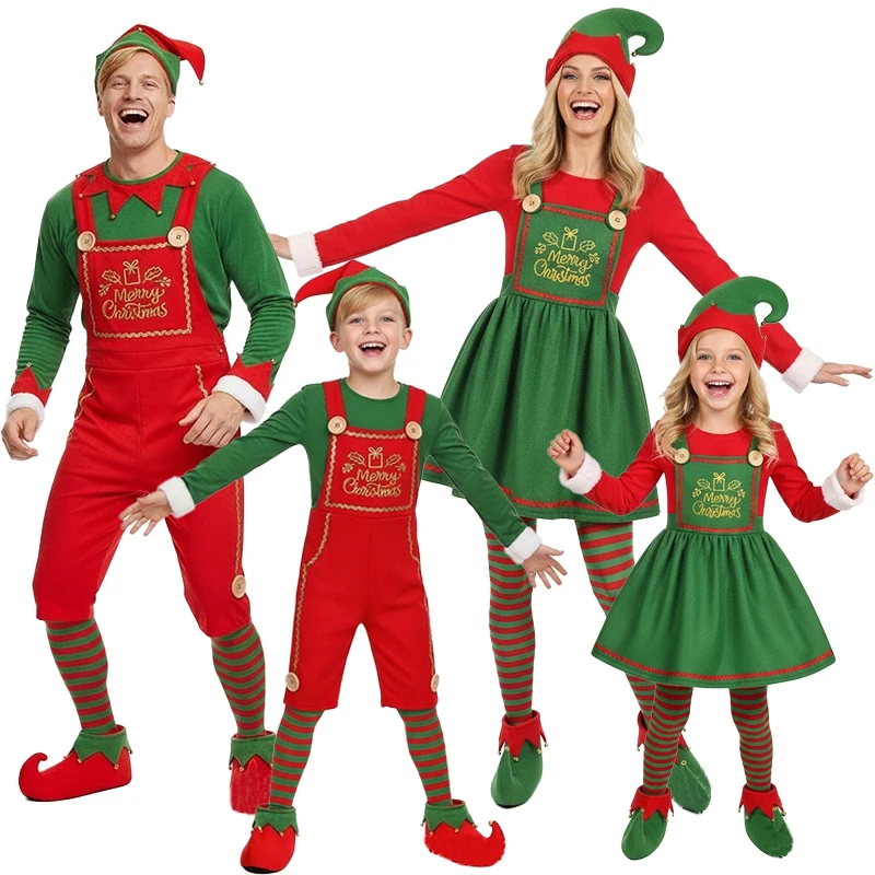 

Winter Christmas Elf Costumes Men and Women Santa Claus Cosplay Autumn Outfits Green Attire Happy New Years Family Dress Up Suit