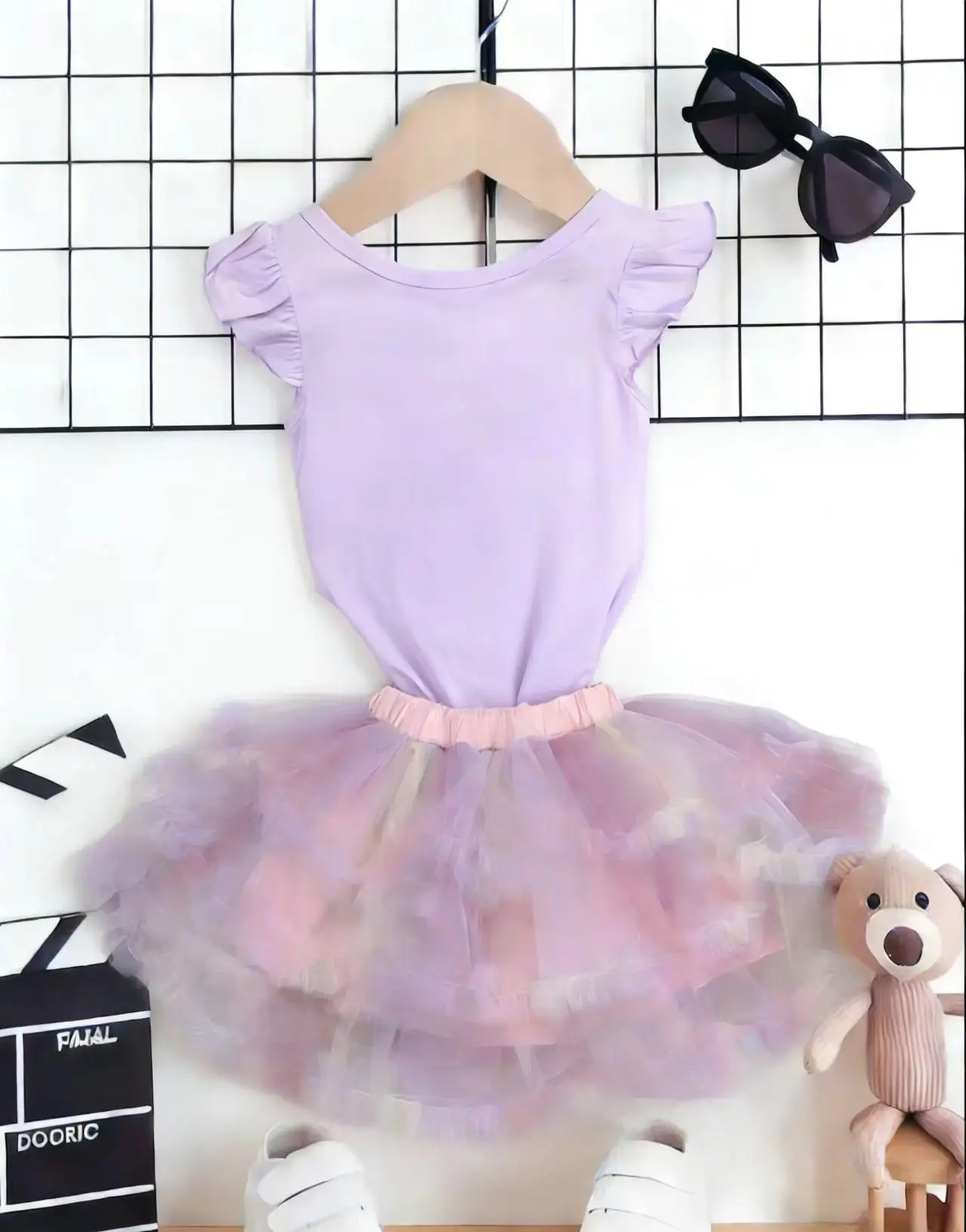 Sweet Style Light Purple Tee Pink Tutu Skirt Baby Girl Unicorn Print Ruffle Sleeve Set New Arrival