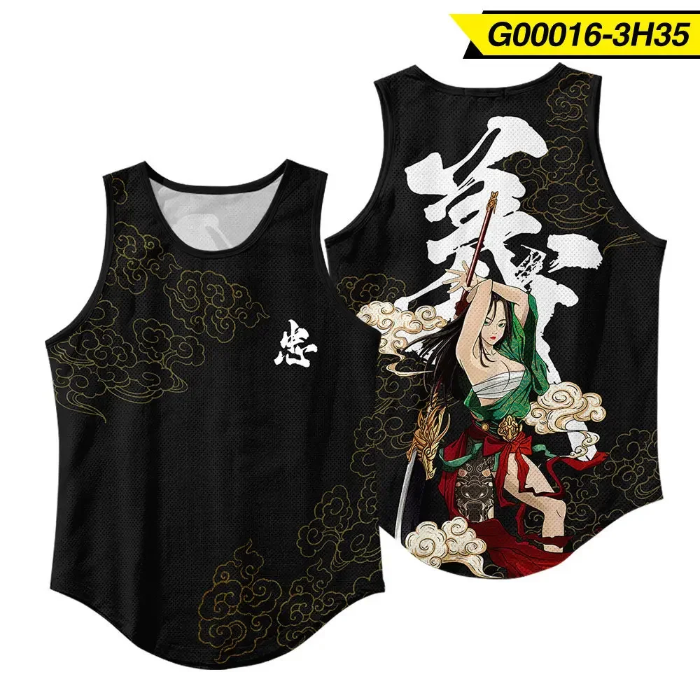 Men's Sleeveless Beach Vests New Black Print Round Collar Breathable Tank Tops Bodybuilding Workout Singlet