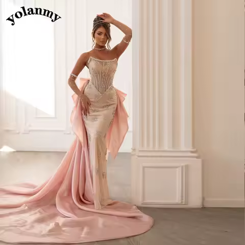 YOLANMY Exquisite Trumpet Mother of the Bride Dress Beadings Bow Formal Evening Groom Mother Dress Robe De Soiree Customized
