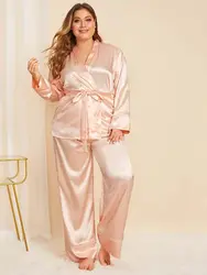 Womens Plus Size Satin Pajama Set With Belt Pink  Soft Loungewear Robe 2 Piece Pjs Lounge Set