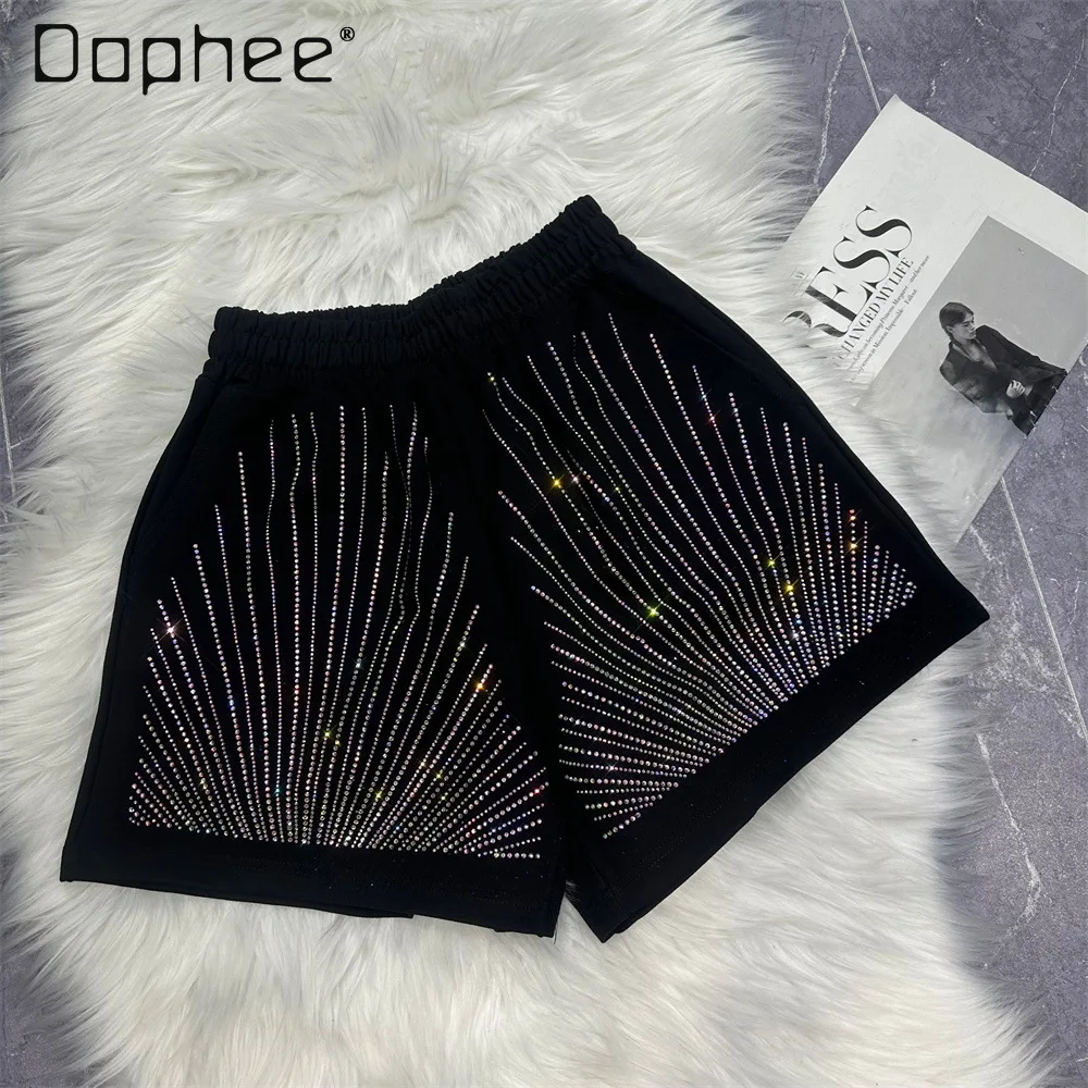 Casual Shorts Female Summer Vertical Stripes Rhinestone Black Shorts Women Elastic Waist Cotton Korean Style Loose Short Pants