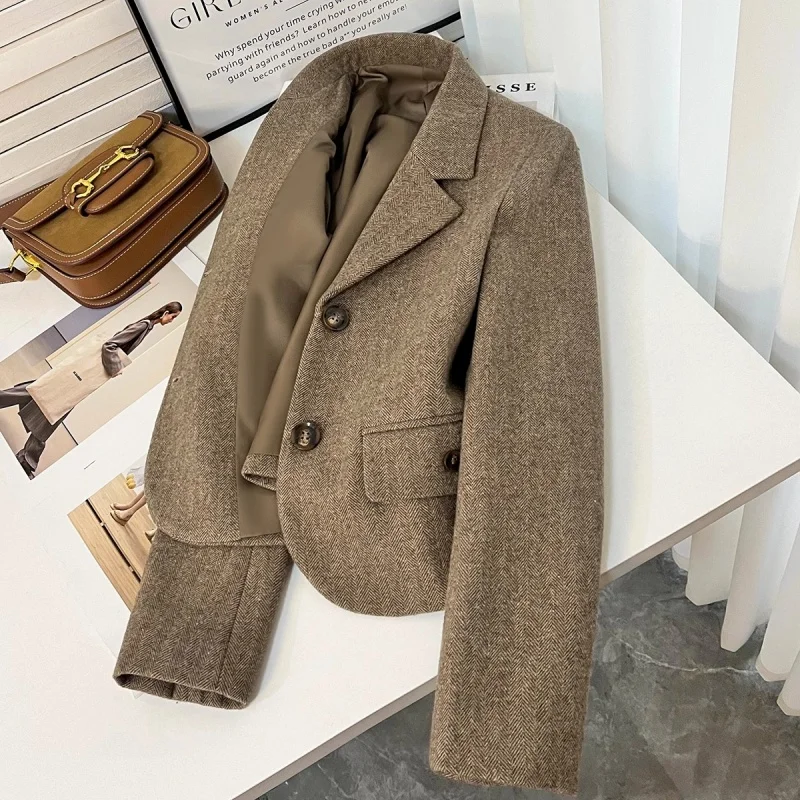 

Кофейный цвет, модный шерстяной пиджак в стиле ретро для женщин, осень-зима 2025, новый однобортный универсальный пиджак, пальто W1101