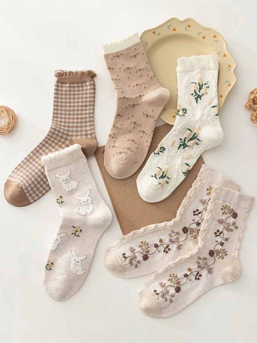 

5 пар милых носков в студенческом стиле с принтом для женщин осенью и зимой