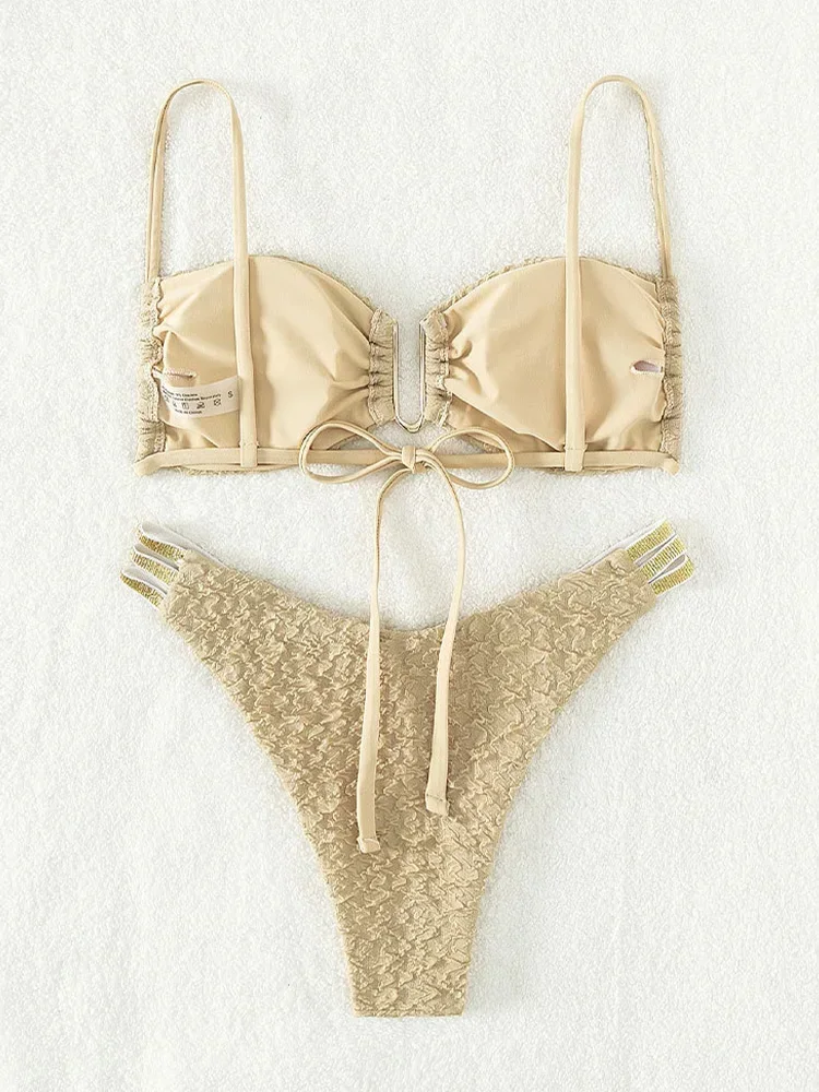 

Sexy Solid Pleated Bikini 2 Piece Set Women Split Swimsuit High Waist Backless Beach Bikini 2025 New Summer Swimwear Bikinis Set