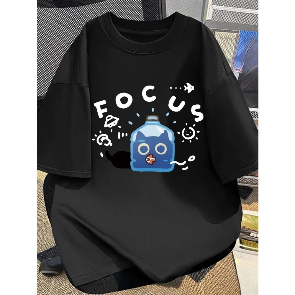 Harajuku Style Cat T-Shirt Funny Animal Graphic Tee FOCUS Letter Printed Streetwear Casual Loose Fit Summer Top for Men Women