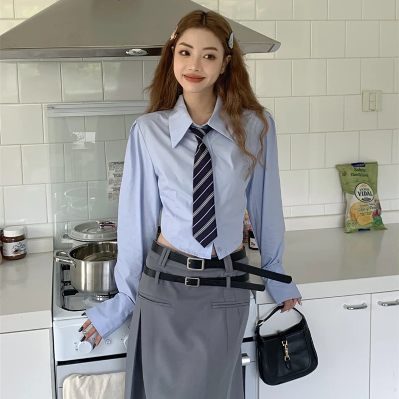 Jk Women Blue Shirt Korean Preppy Style Sweet Tie Long Sleeve Female Blouse Spring New Fashion Turn Down Collar Ladies Tops