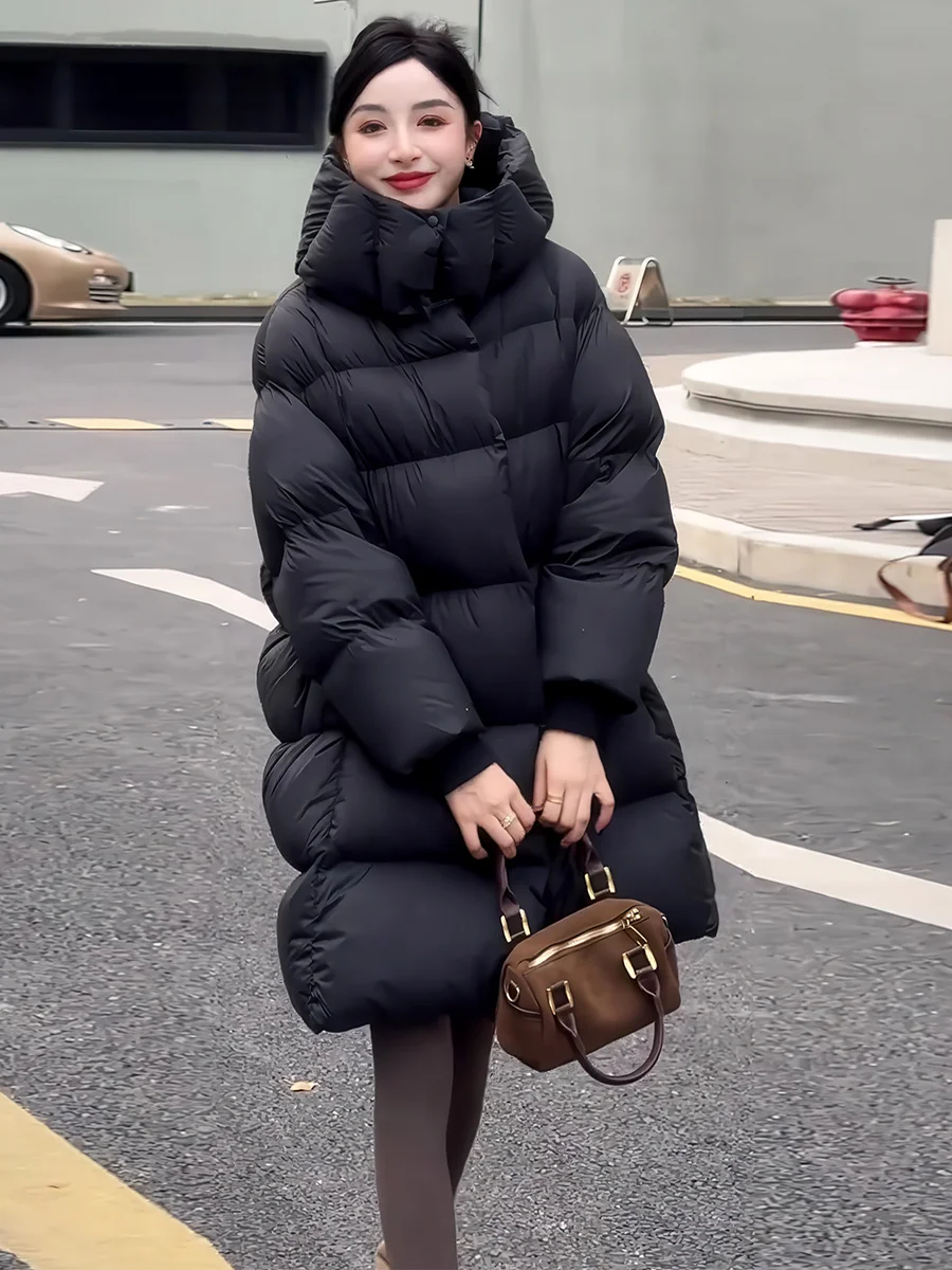 

Корейская женская зимняя утепленная куртка-пуховик свободного кроя с капюшоном, черное пальто средней длины для женщин