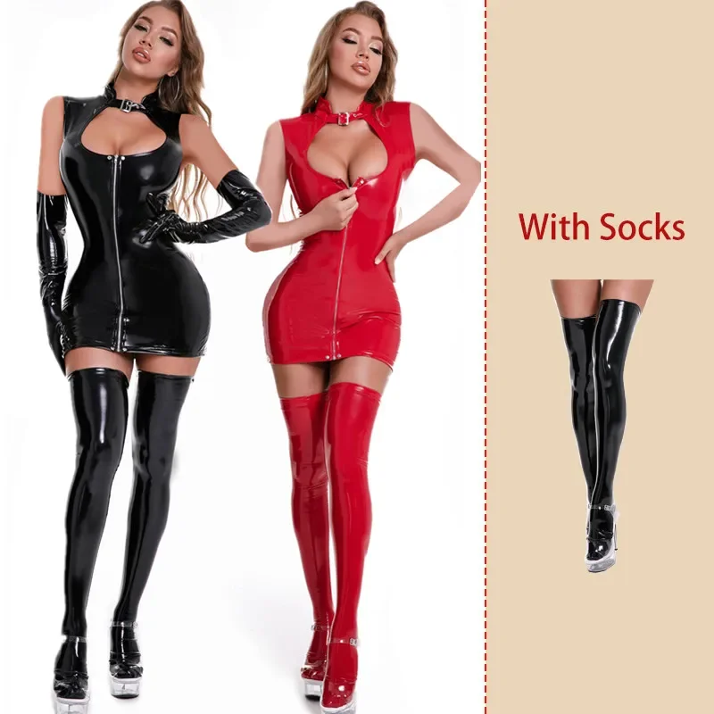 Women Sexy Leather Dress with Stockings Gloves Porno Female Breast Exposing Wet Look Latex Erotic Mini Micro Dress