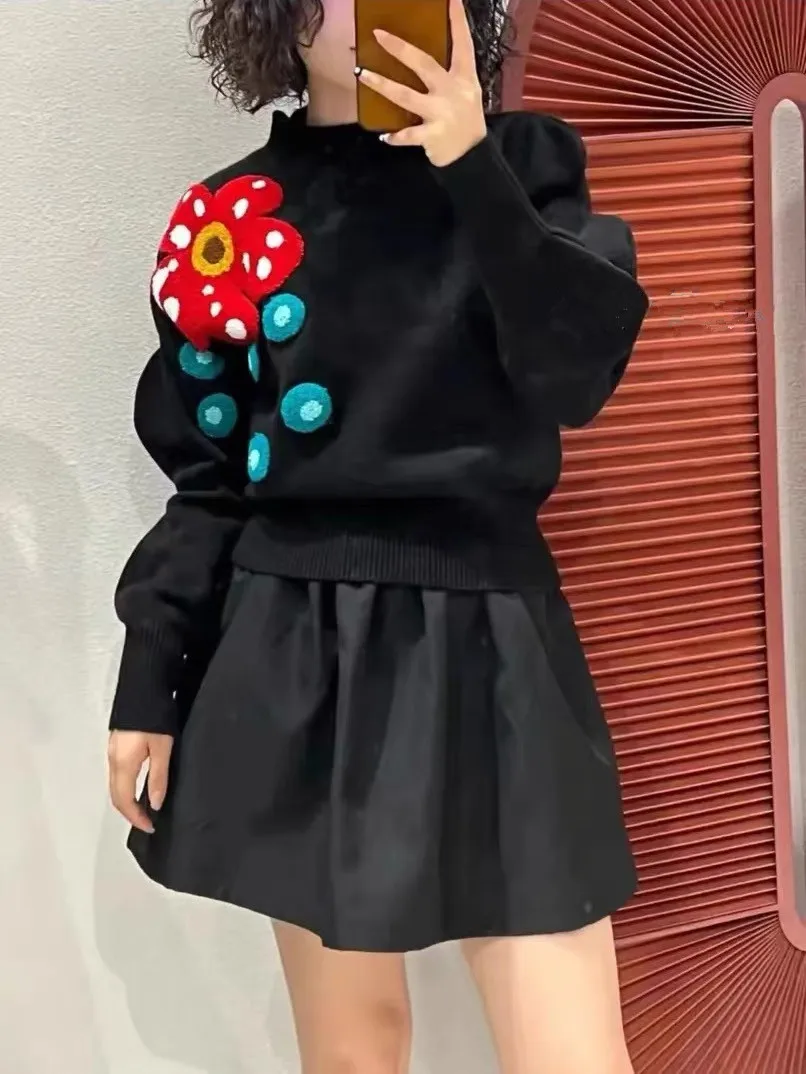 Designer Woman Black Sweaters Autumn Winter Clothes Streetwear Big Flowers Embroidery Pullovers Sweater Women Party Tops SY051