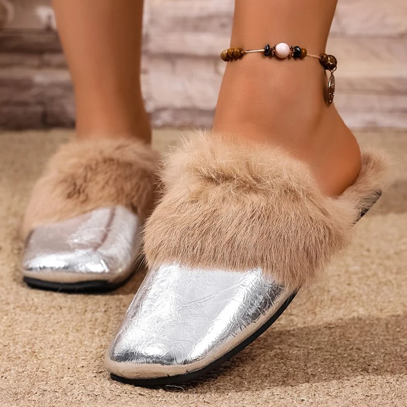 الفضة لامعة بولي Leather الجلود نِعال من الفراء النساء موضة كعب مسطح رقيق نعال من القطن امرأة ارتداء مقاومة عدم الانزلاق أحذية دافئة #2