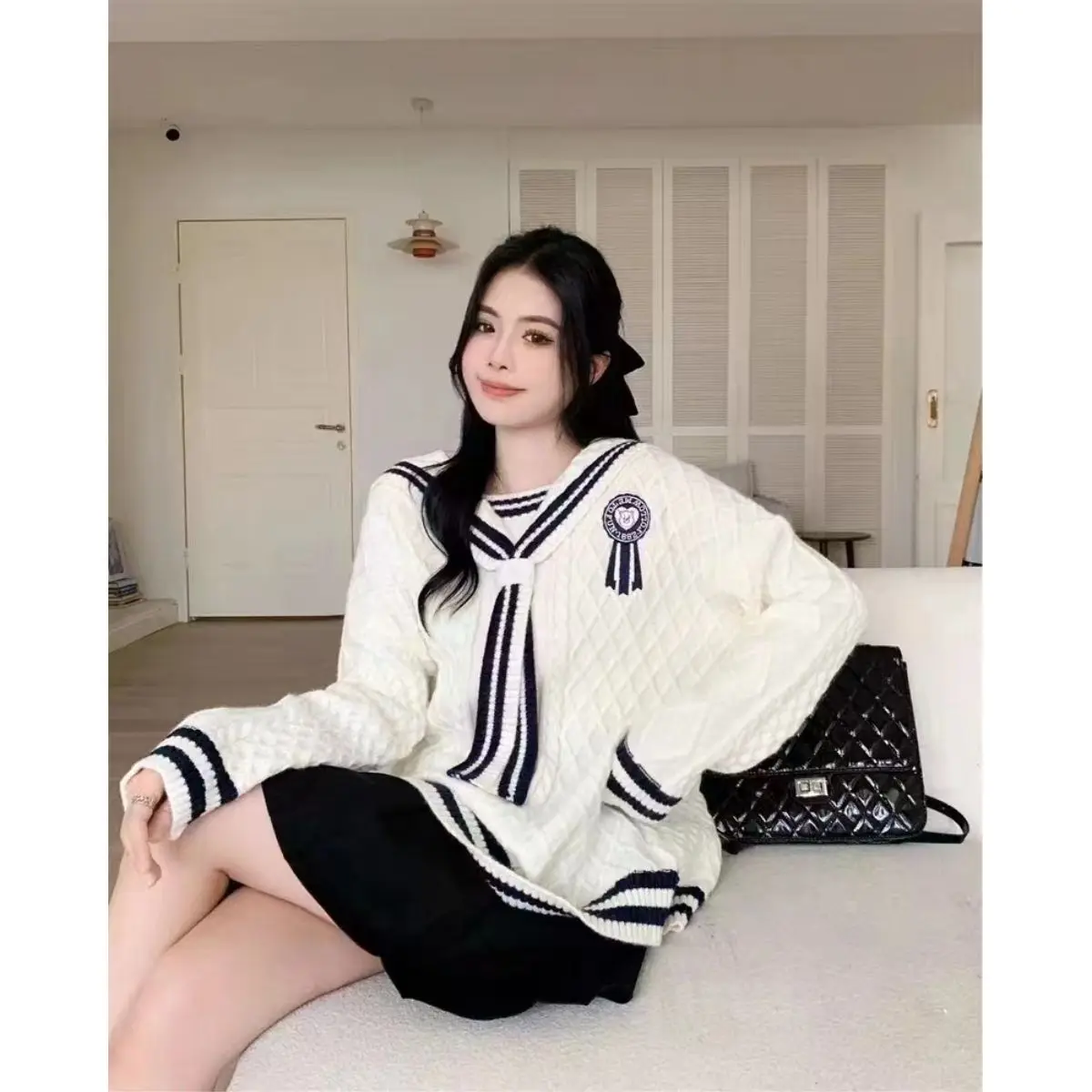 Suéter estilo universitário com gola marinha para mulheres no outono novo suéter doce e suave com emagrecimento