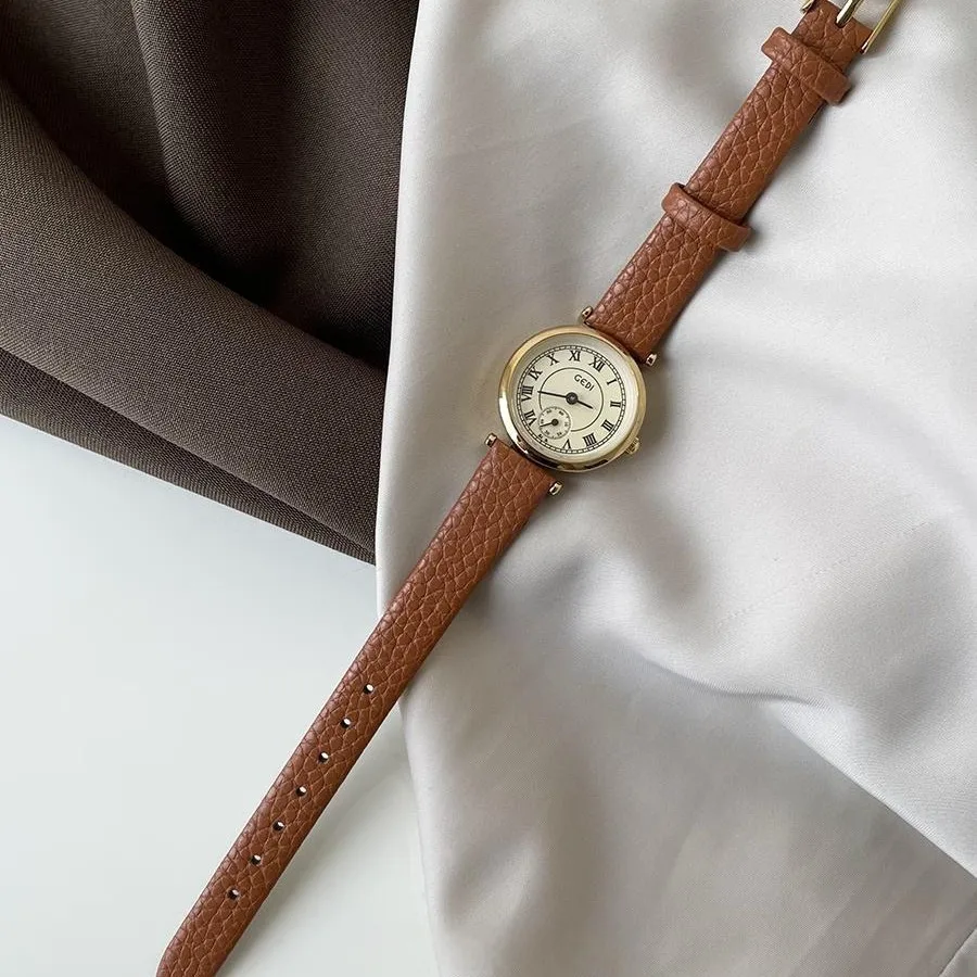 

Elegant Women'S WatchRetro And Artistic StyleRound And Exquisite Korean Fashion Leather StrapVersatile For StudentsWomen'S Gift.