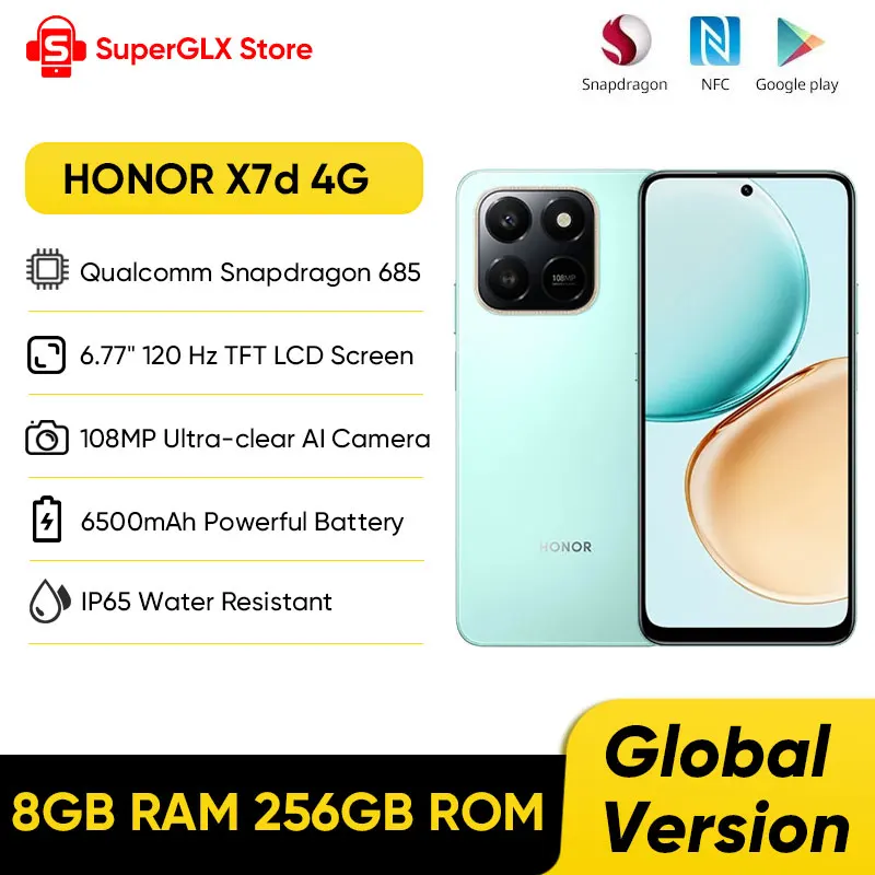 هاتف ذكي HONOR X7d 4G الإصدار العالمي Qualcomm Snapdragon 685 6.77 بوصة TFT شاشة LCD كاميرا 108 ميجابكسل زر AI فوري 6500 مللي أمبير NFC