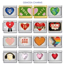 GEMOSA Cute Romantic Colorful Glaze Heart Italian Charm Link Fit 9mm Bracelets Stainless Steel Jewelry DIY Making Beads For Gift